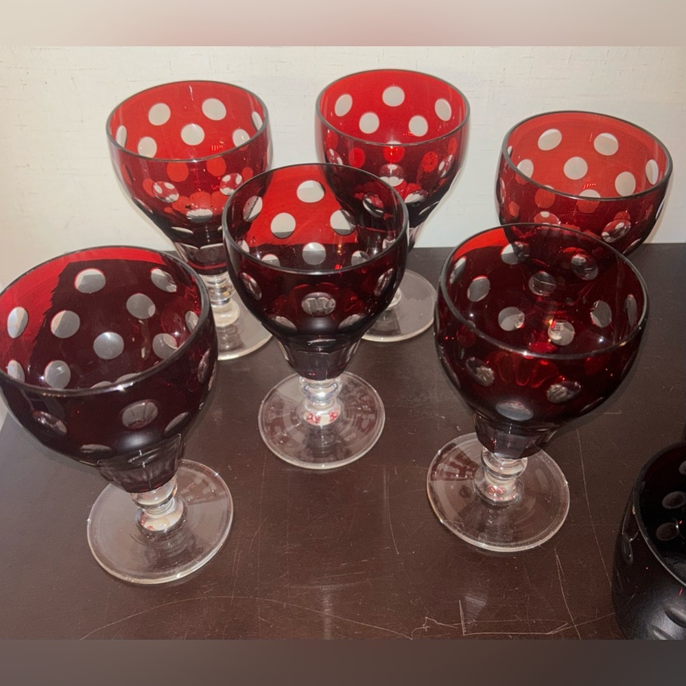 Set of 7, vintage depression glass, ruby glasses.